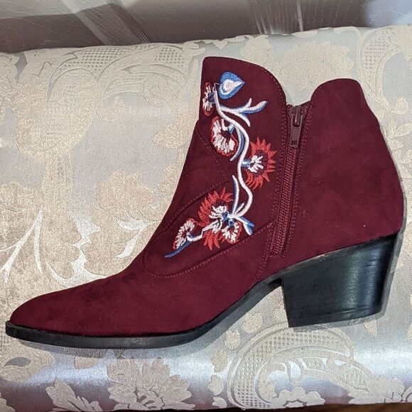 Embroidered Burgundy Ankle Boots - Picture 1 of 6